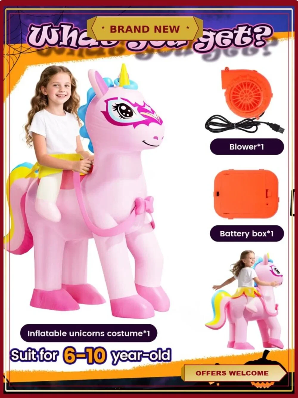 Kids Inflatable Unicorn Costume LED Light Up Blow Up Halloween Party Girls 6-10